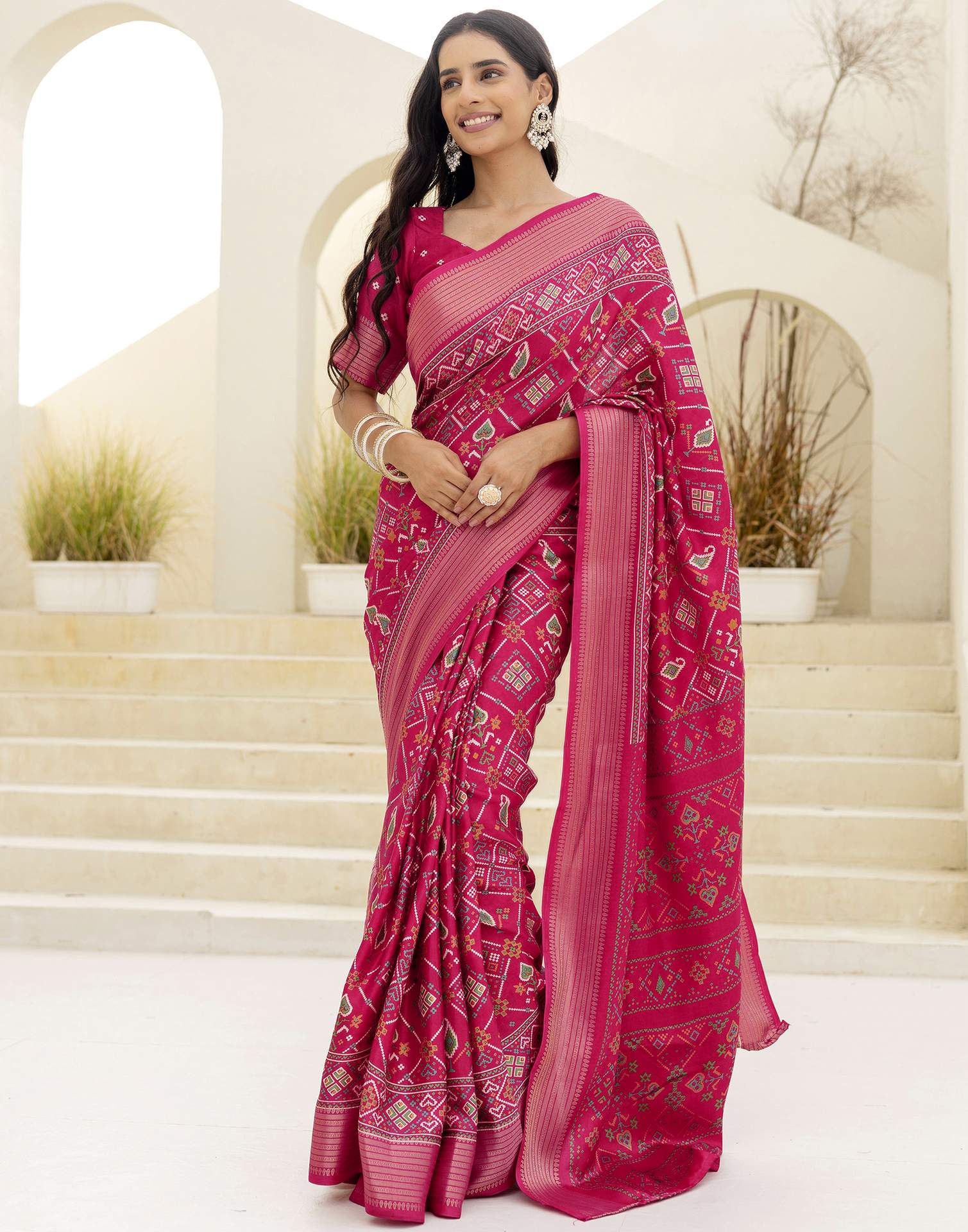 Rani Pink Silk Printed Patola Saree