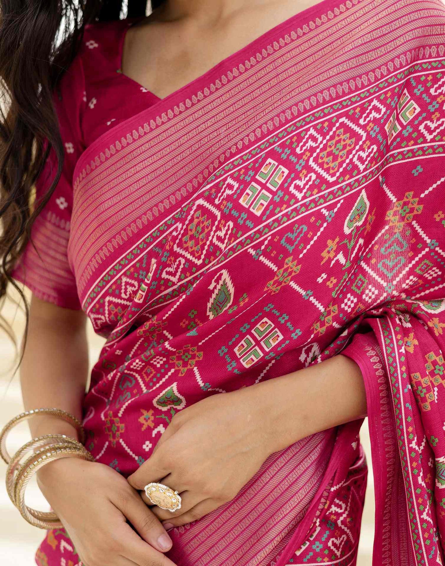 Rani Pink Silk Printed Patola Saree