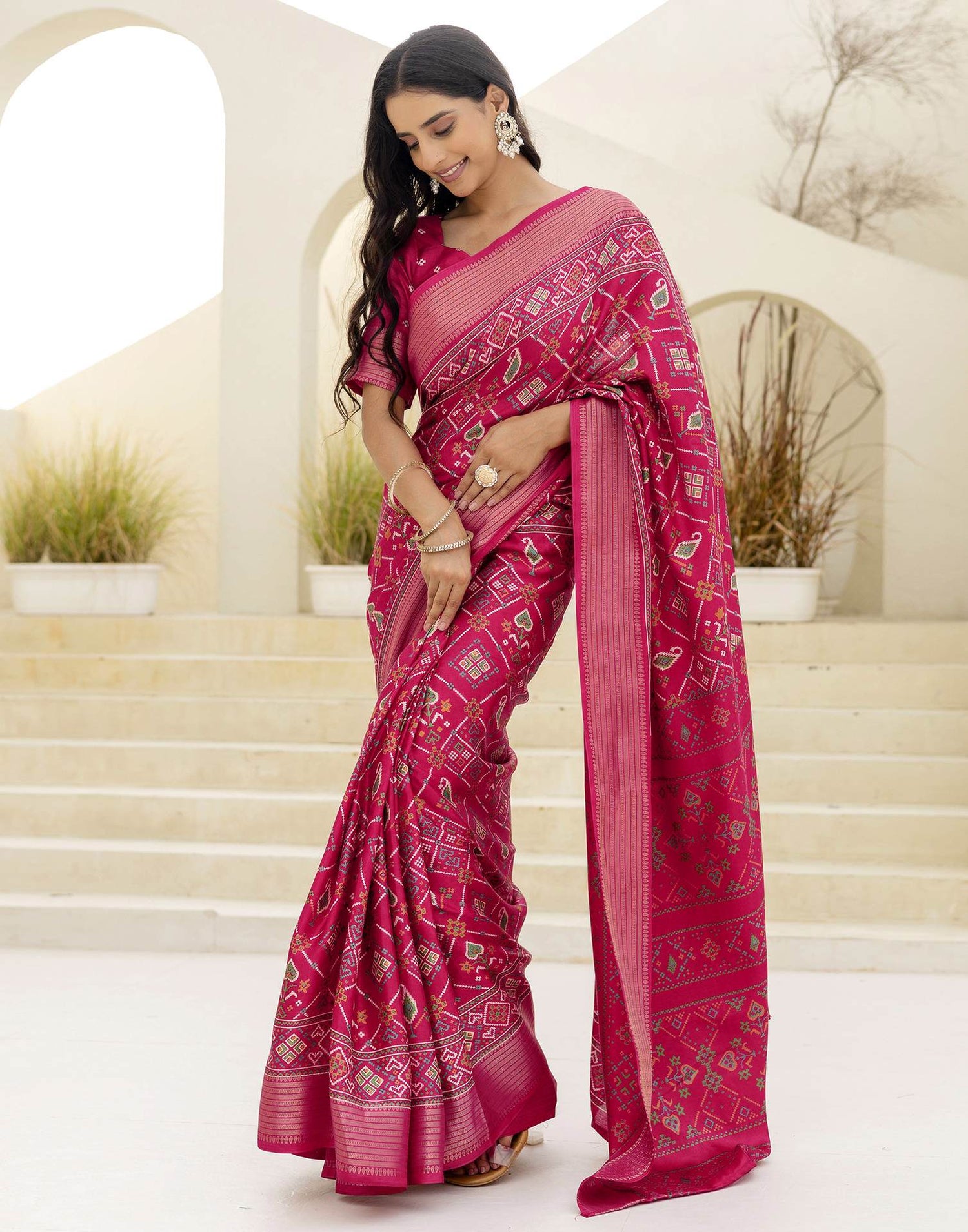 Rani Pink Silk Printed Patola Saree