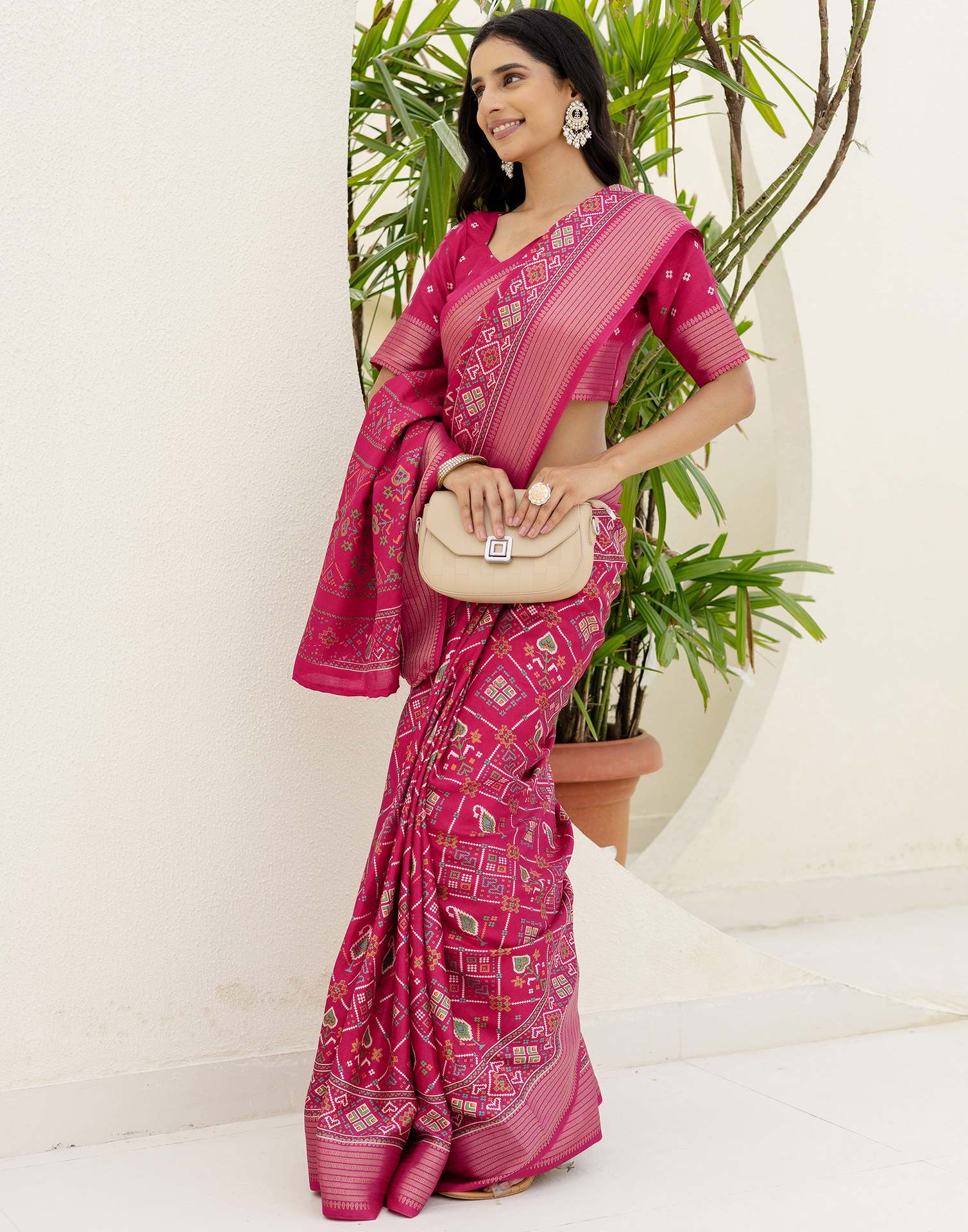 Rani Pink Silk Printed Patola Saree