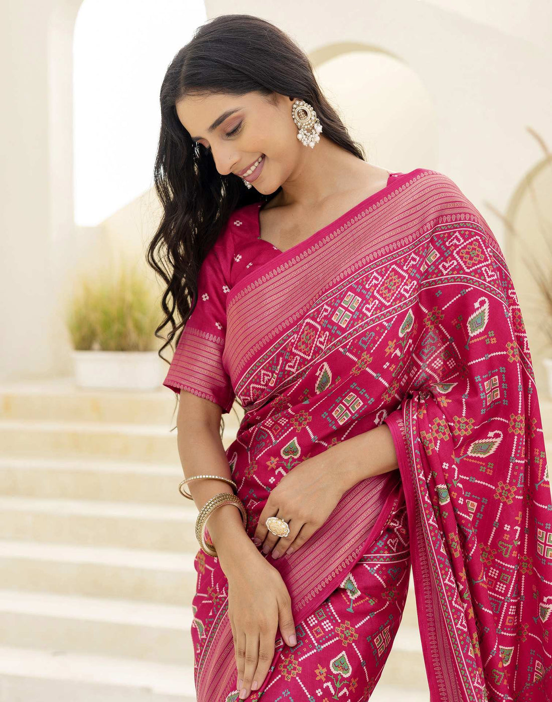 Rani Pink Silk Printed Patola Saree