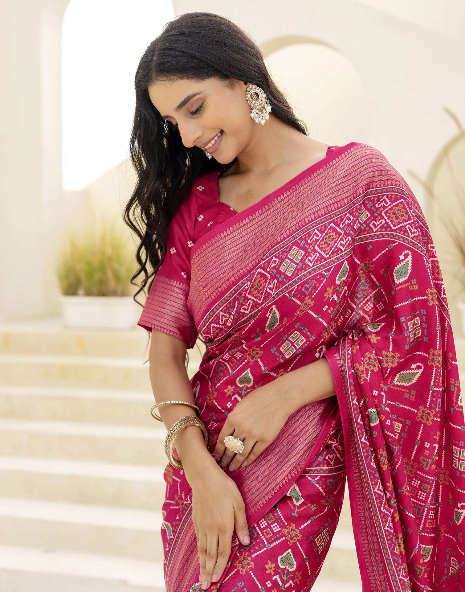Rani Pink Silk Printed Patola Saree
