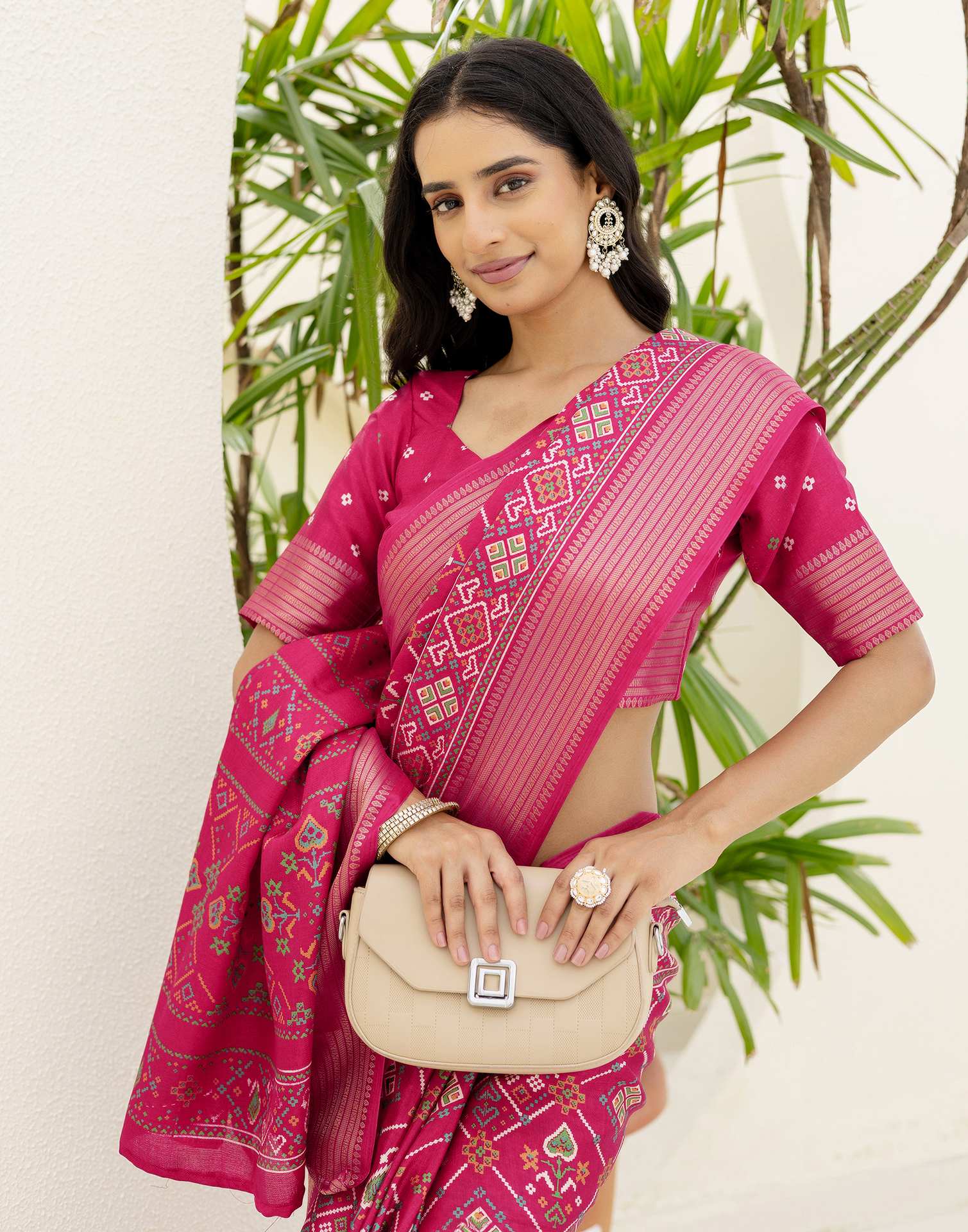 Rani Pink Silk Printed Patola Saree