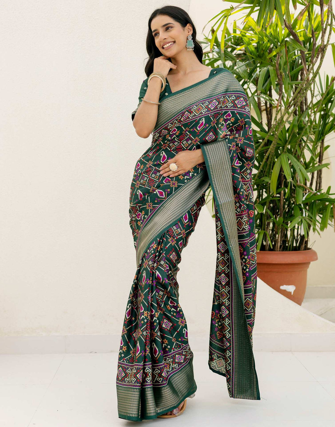 Dark Green Silk Printed Patola Saree
