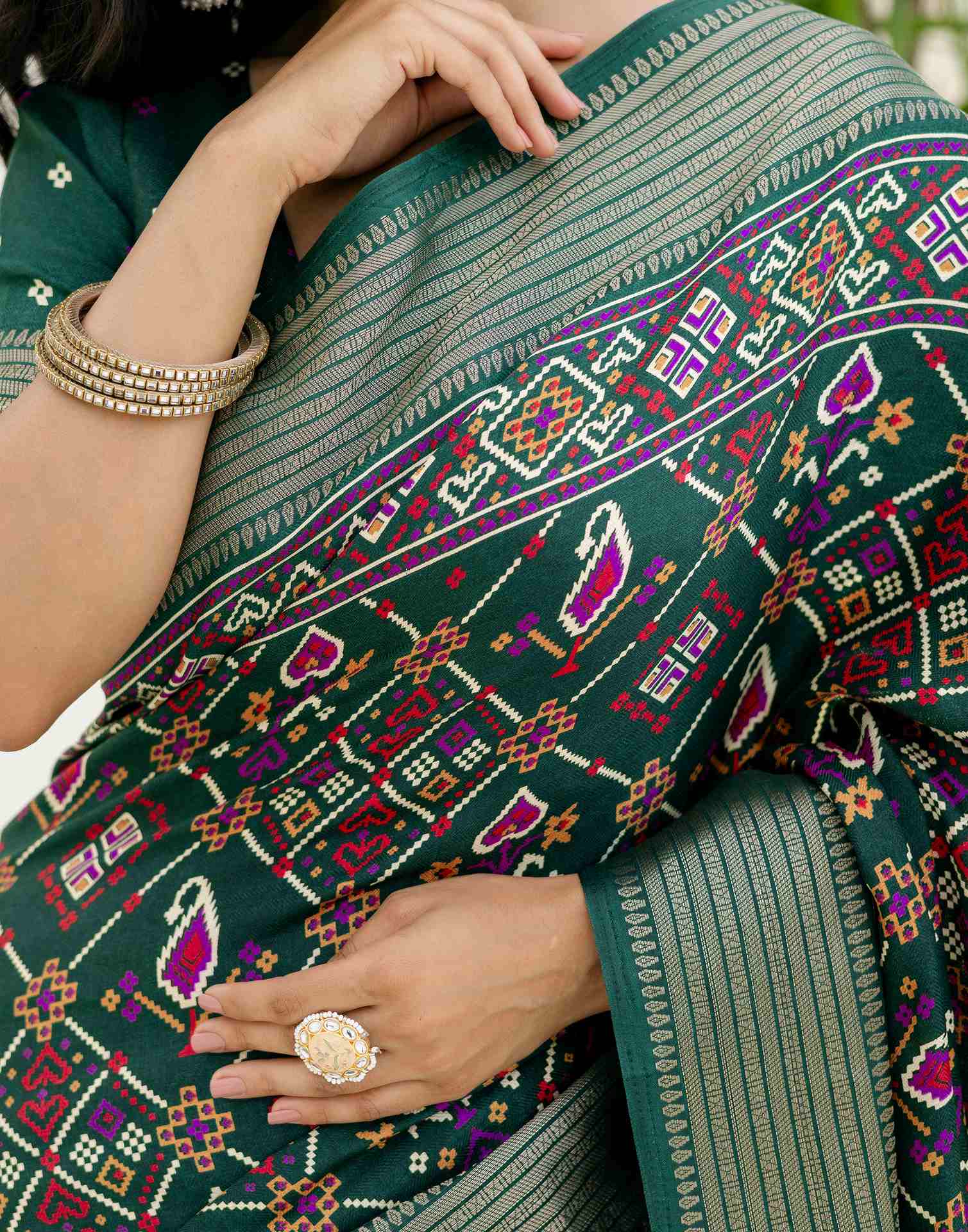 Dark Green Silk Printed Patola Saree