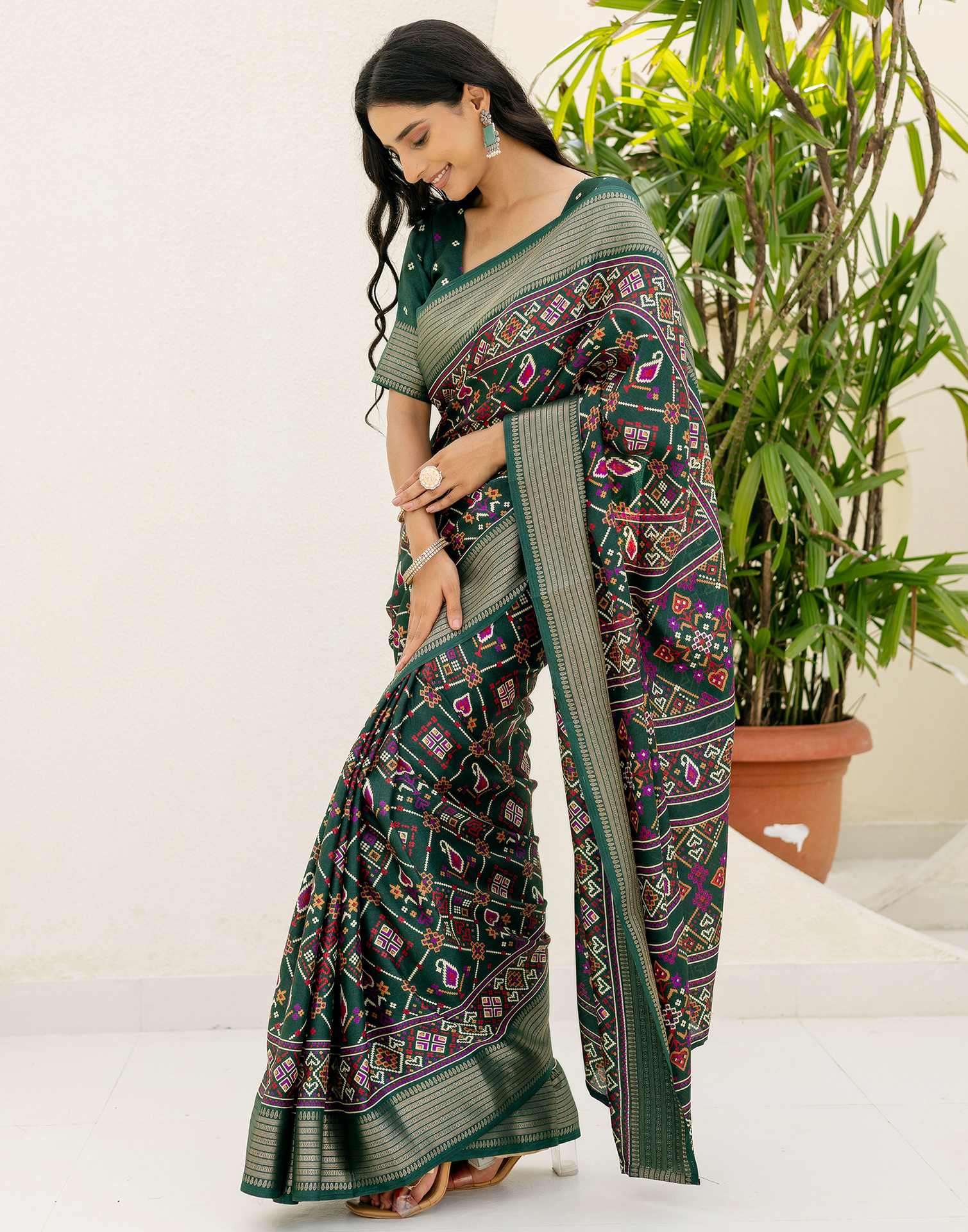 Dark Green Silk Printed Patola Saree