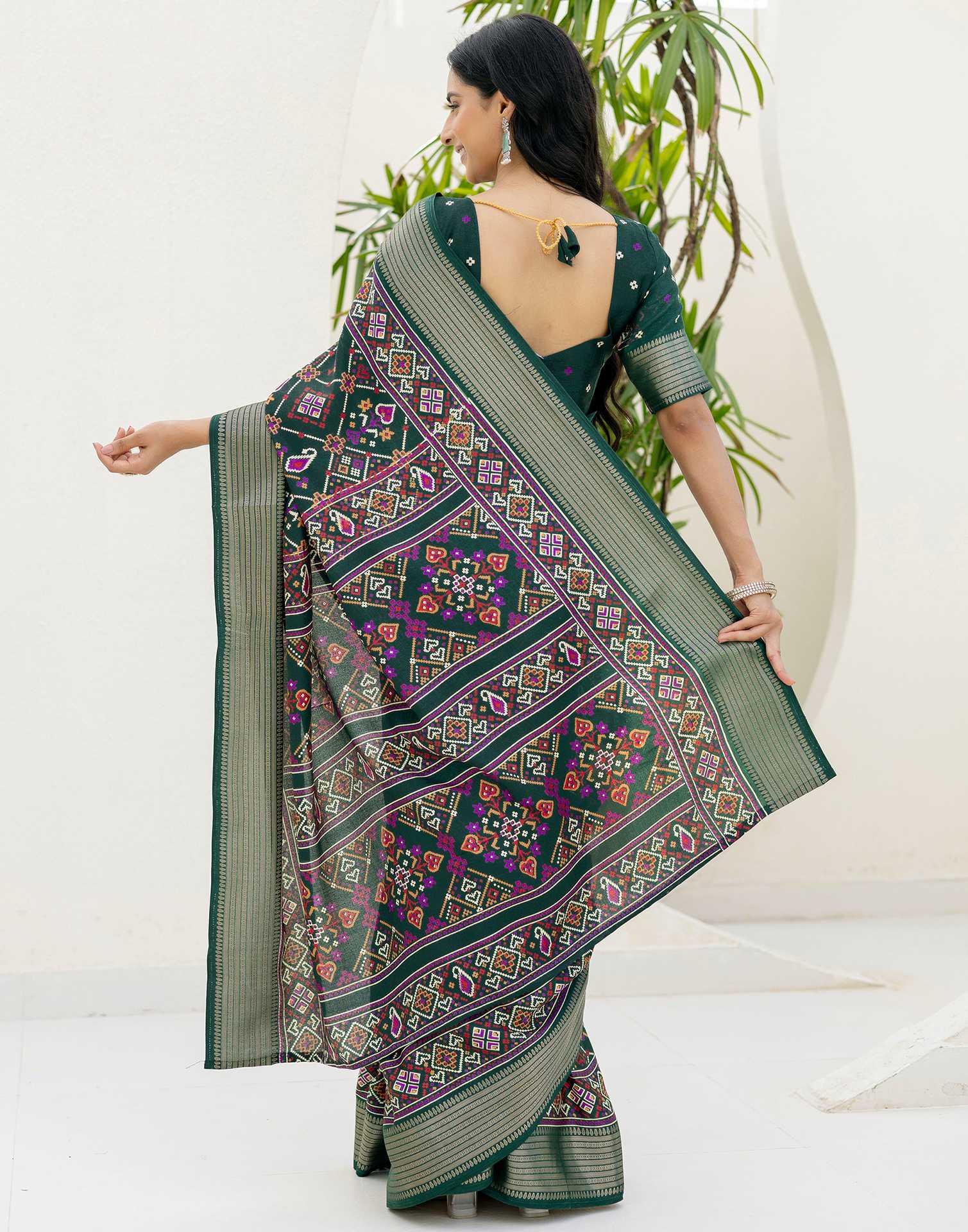 Dark Green Silk Printed Patola Saree