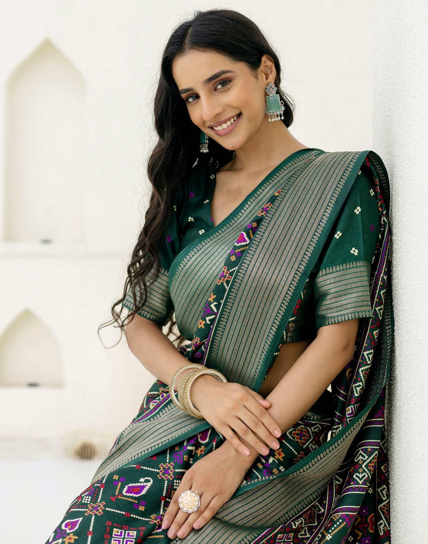 Dark Green Silk Printed Patola Saree