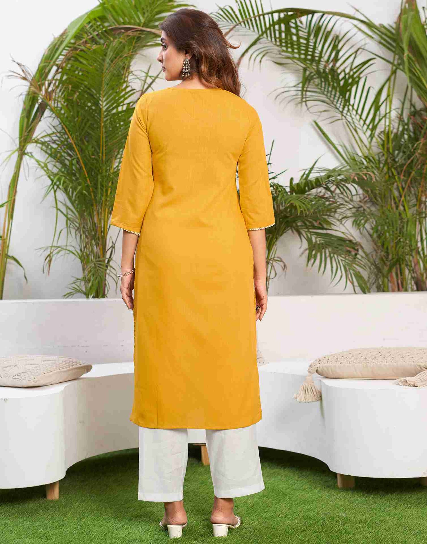 Yellow Embroidery Cotton Straight Kurta