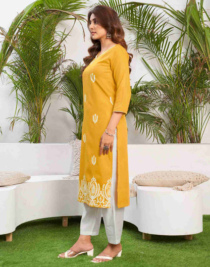 Yellow Embroidery Cotton Straight Kurta