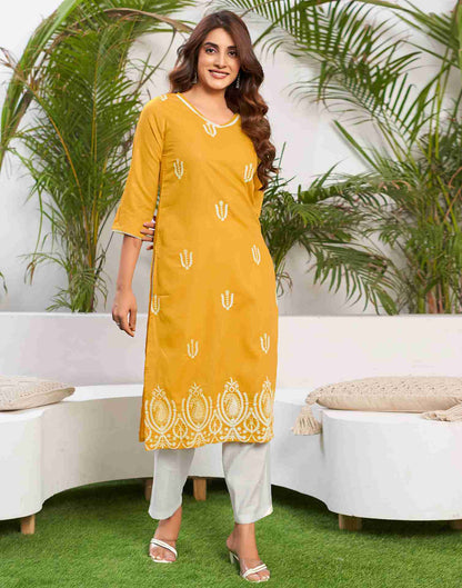 Yellow Embroidery Cotton Straight Kurta