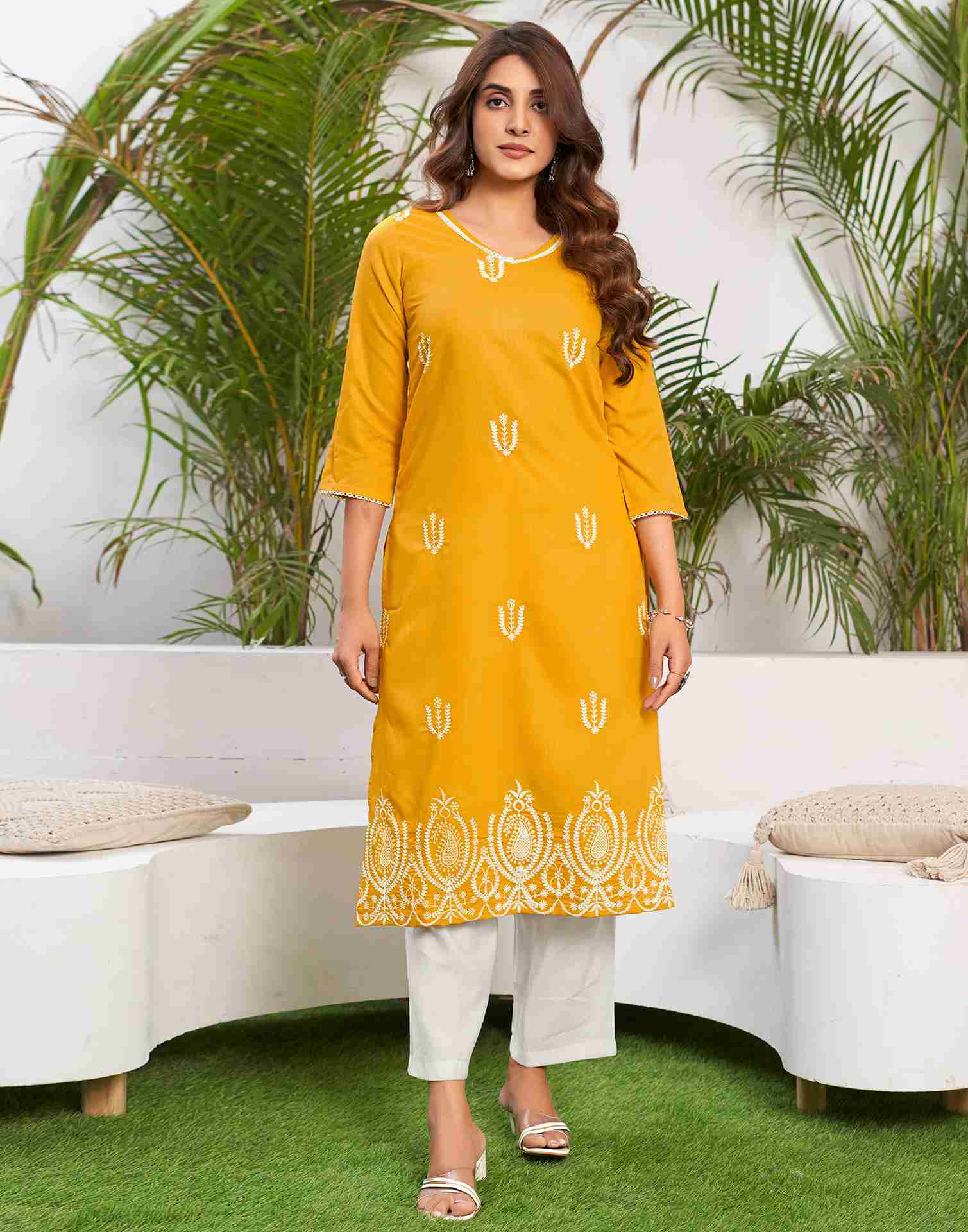 Yellow Embroidery Cotton Straight Kurta