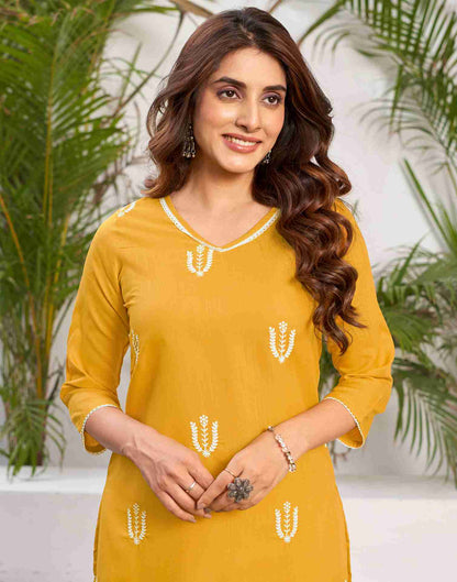 Yellow Embroidery Cotton Straight Kurta