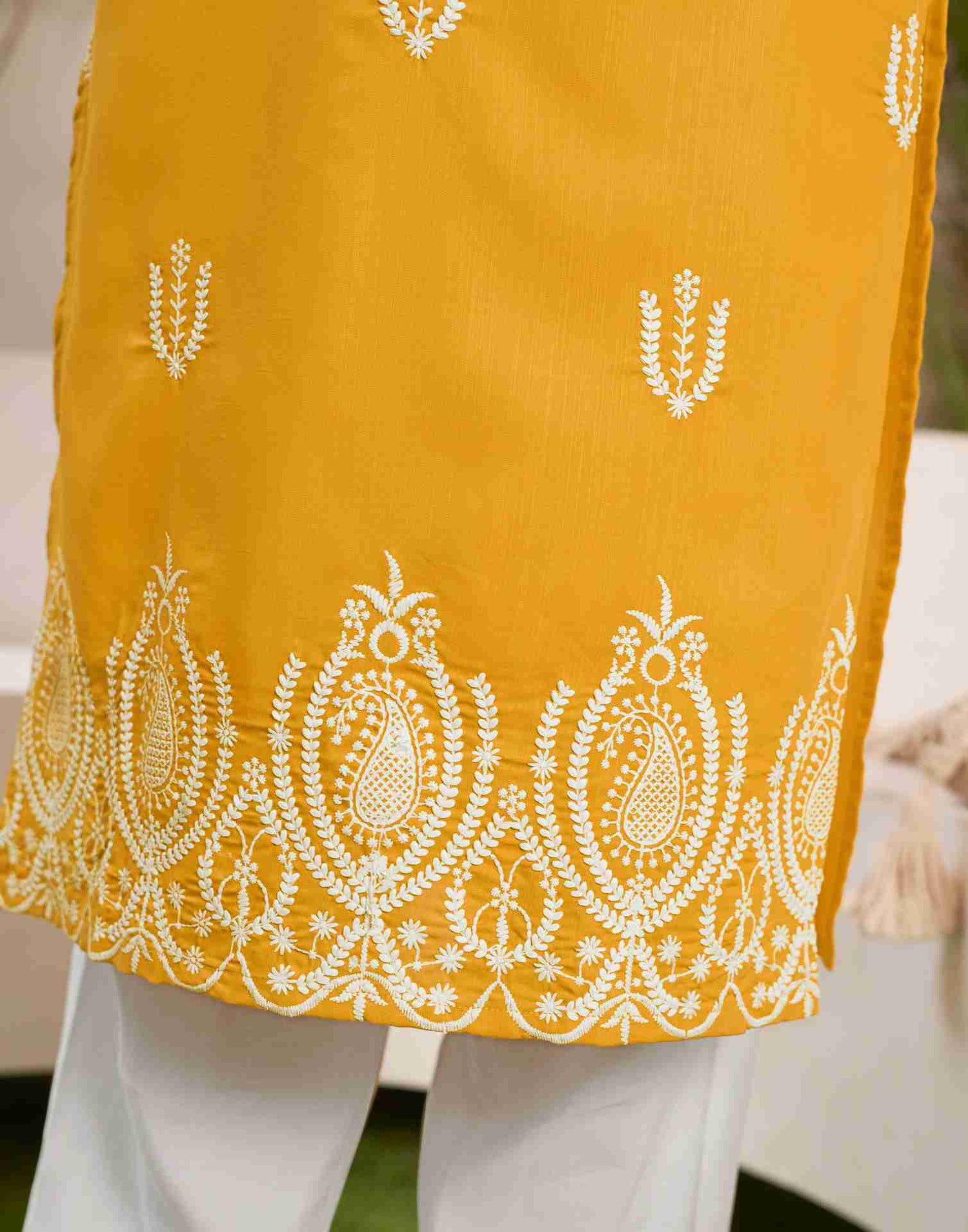 Yellow Embroidery Cotton Straight Kurta