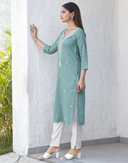 Turquoise Chikankari Embroidery Cotton Straight Kurta