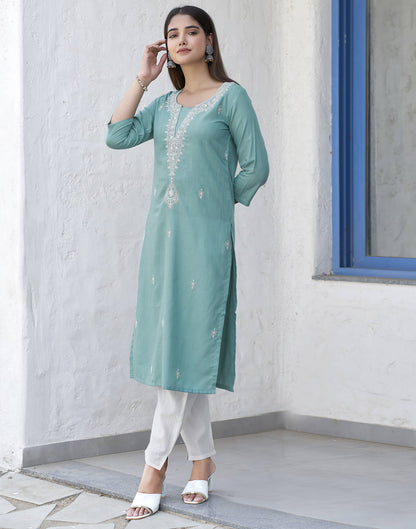 Turquoise Chikankari Embroidery Cotton Straight Kurta