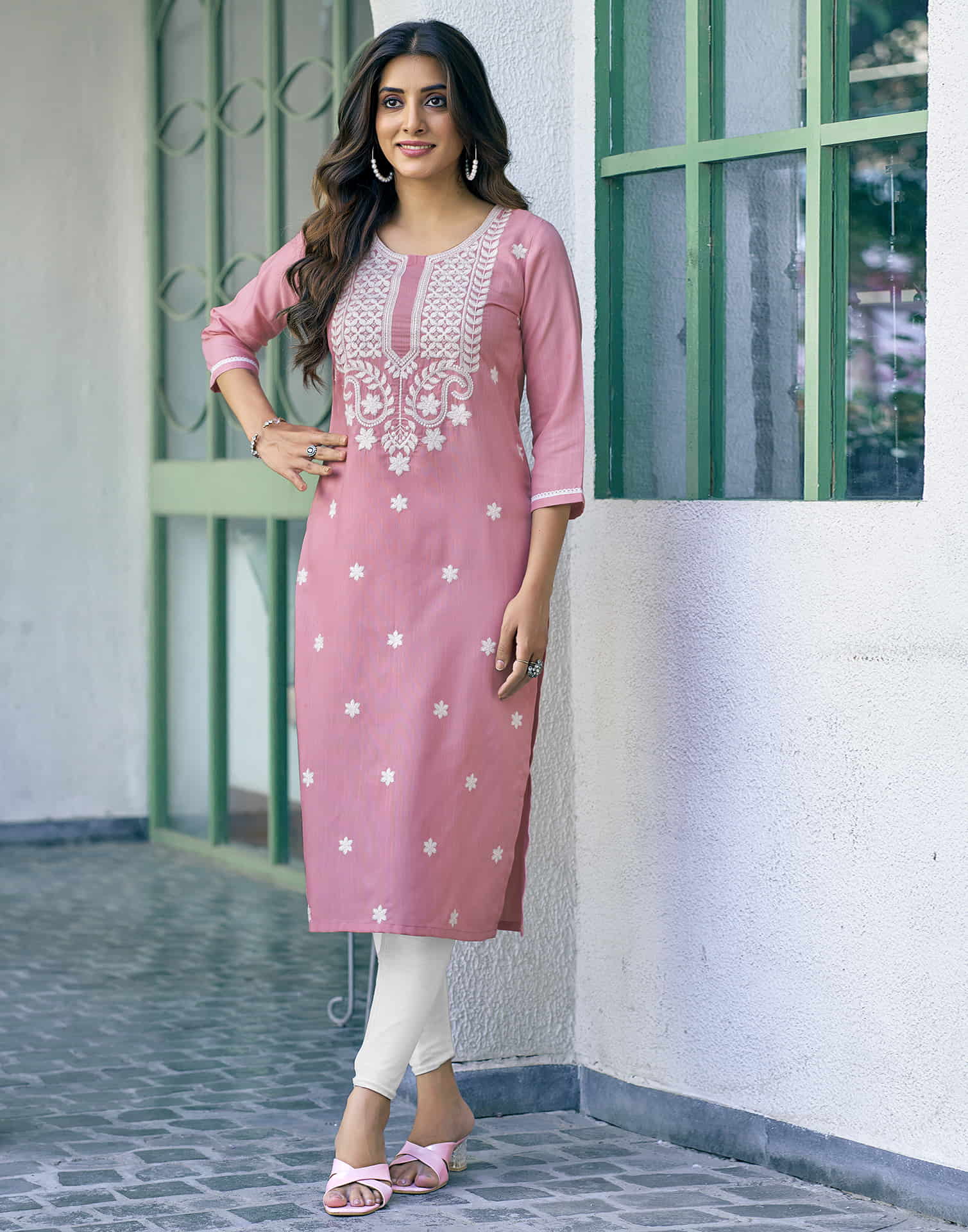 Rose Pink Chikankari Embroidery Cotton Straight Kurta