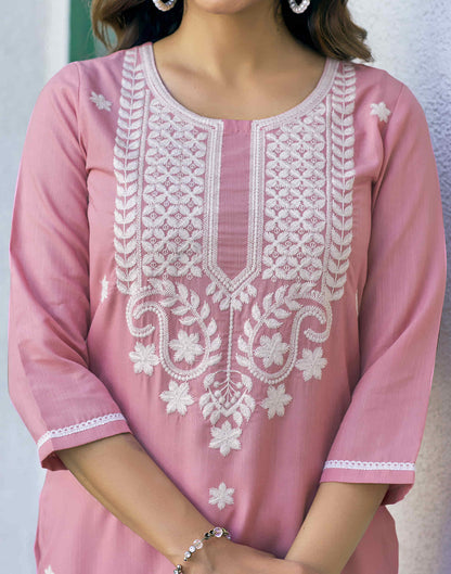 Rose Pink Chikankari Embroidery Cotton Straight Kurta