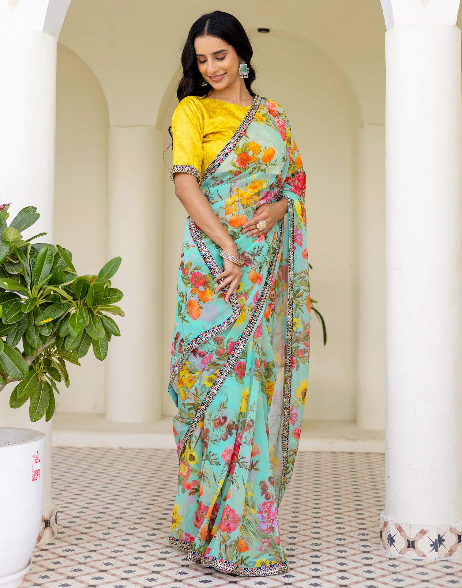 Sky Blue Georgette Floral Printed Saree