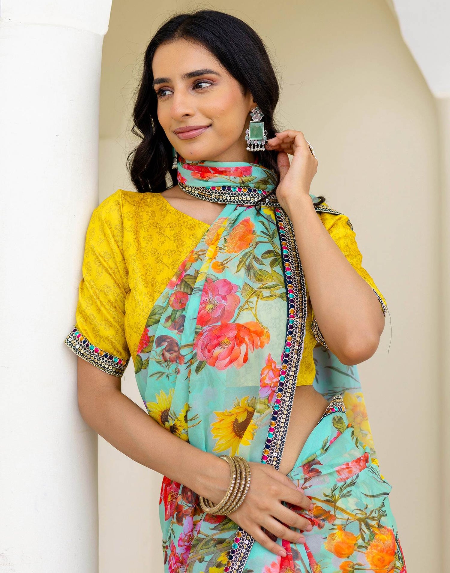 Sky Blue Georgette Floral Printed Saree