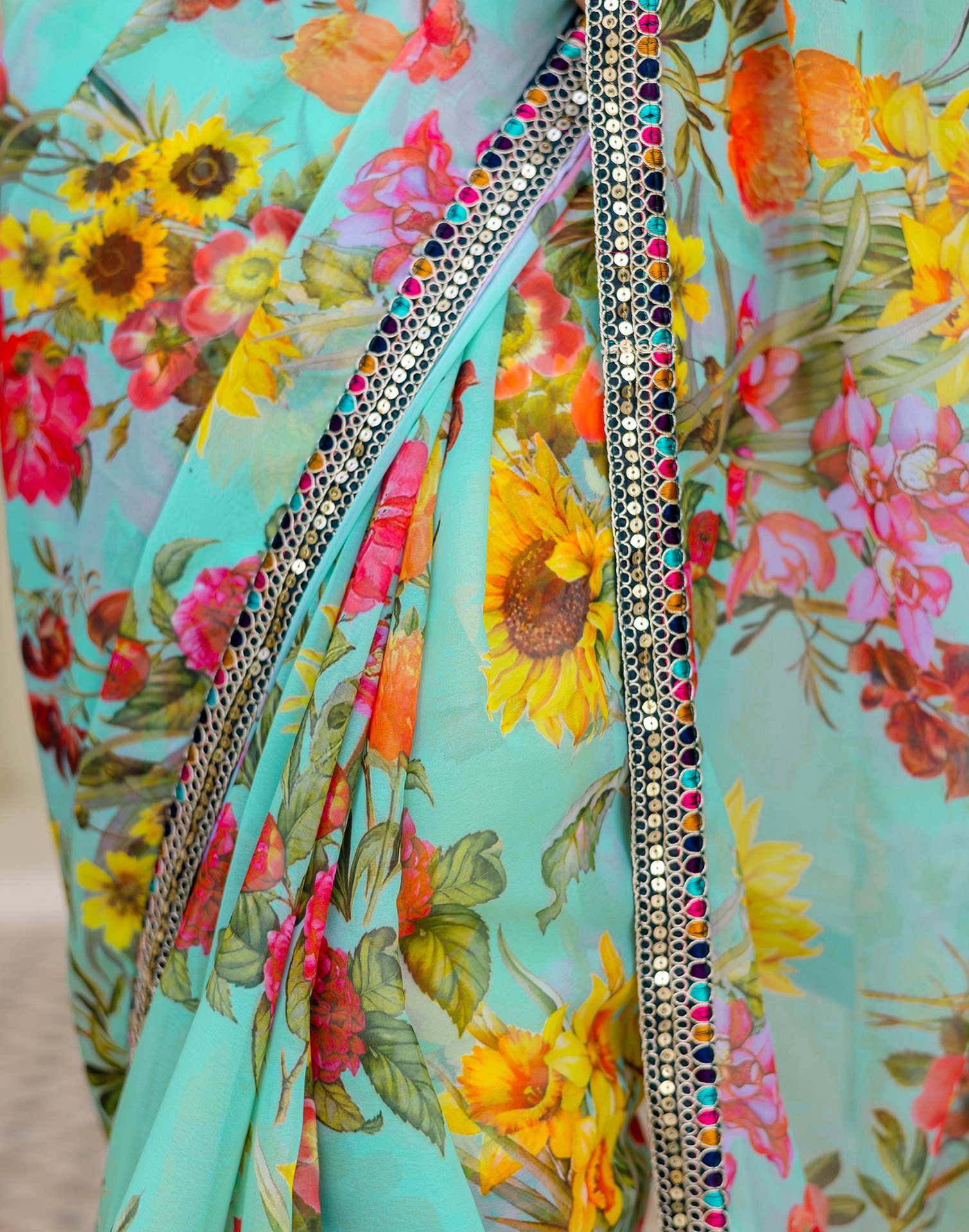 Sky Blue Georgette Floral Printed Saree