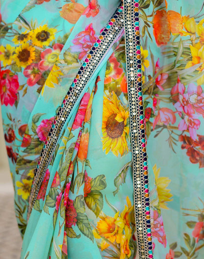 Sky Blue Georgette Floral Printed Saree