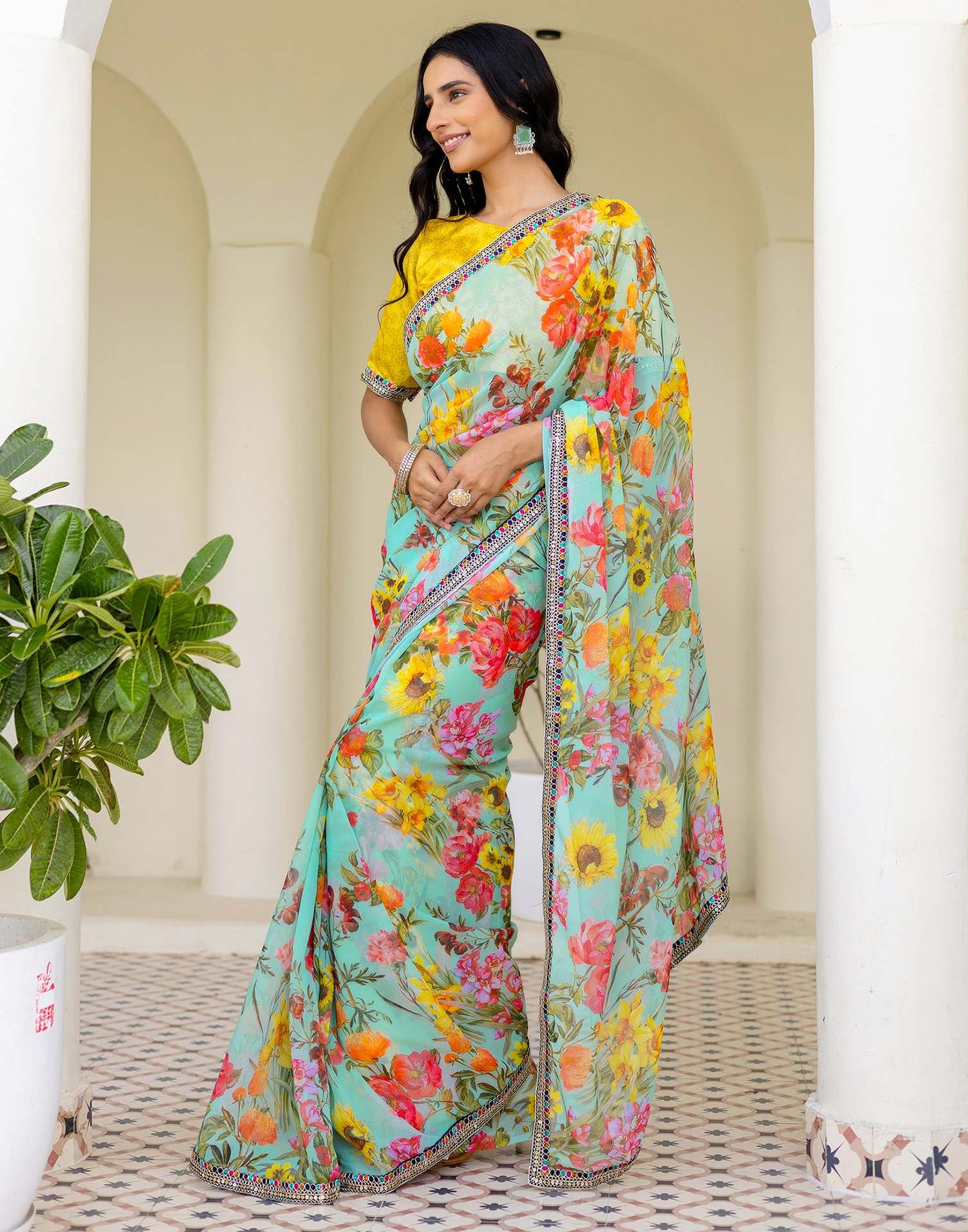 Sky Blue Georgette Floral Printed Saree