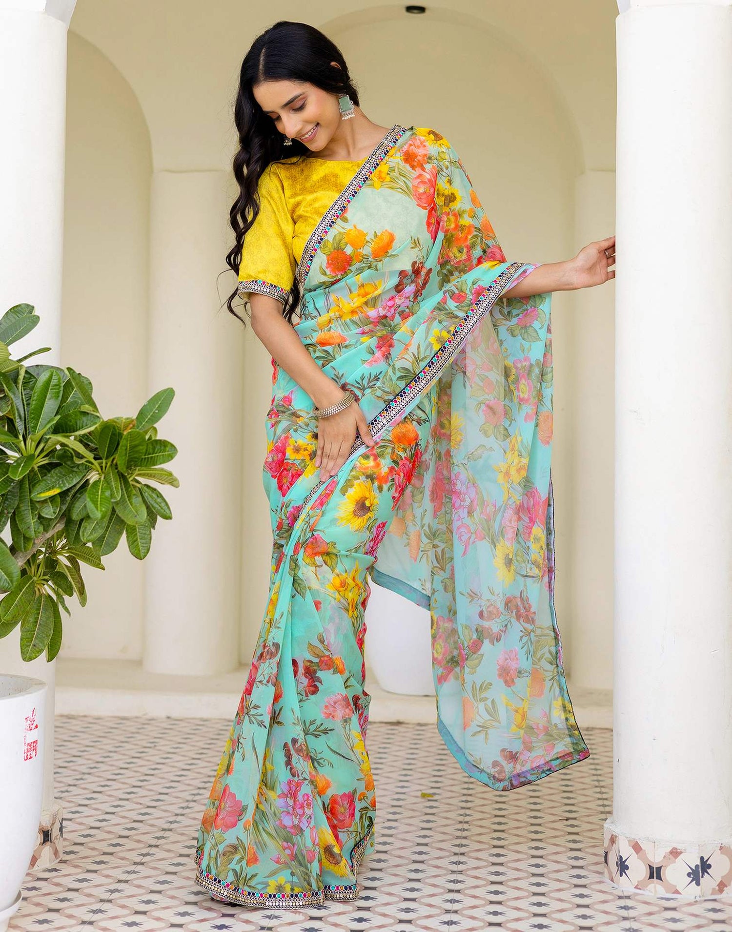 Sky Blue Georgette Floral Printed Saree