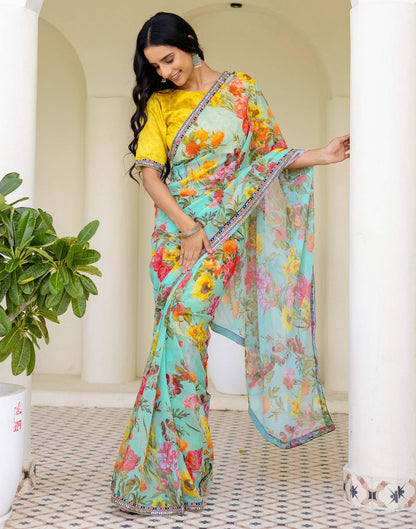Sky Blue Georgette Floral Printed Saree