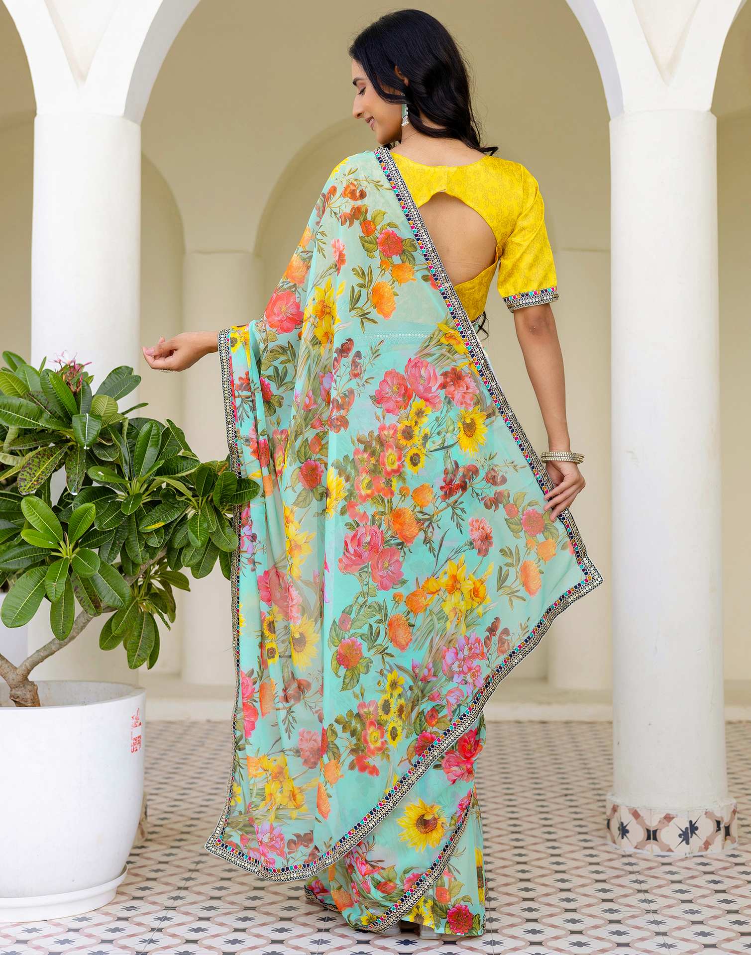 Sky Blue Georgette Floral Printed Saree