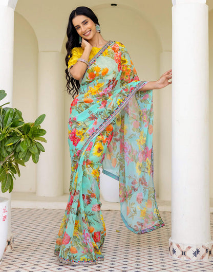 Sky Blue Georgette Floral Printed Saree