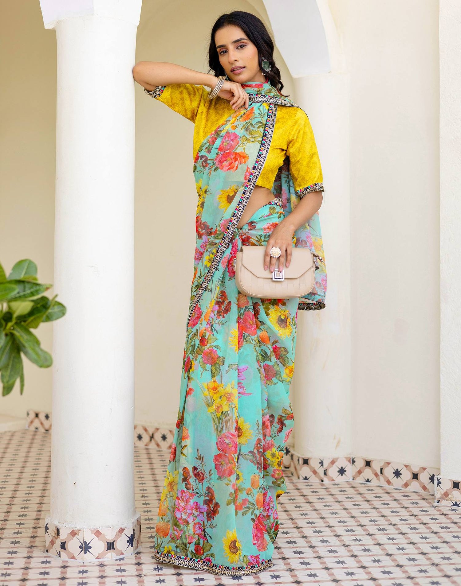 Sky Blue Georgette Floral Printed Saree