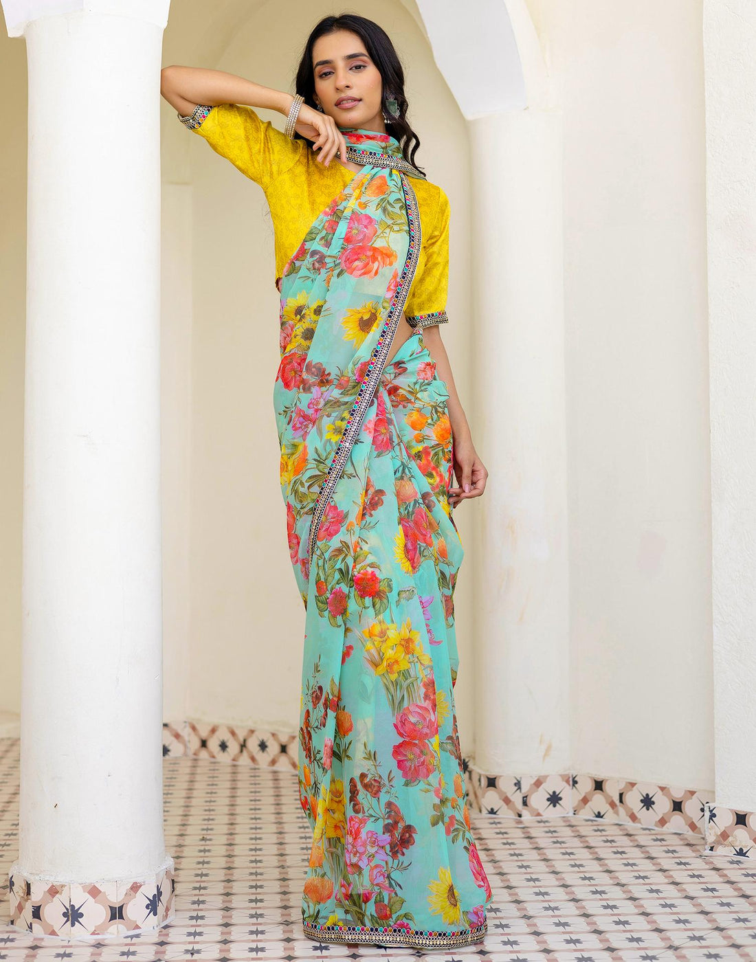 Sky Blue Georgette Floral Printed Saree