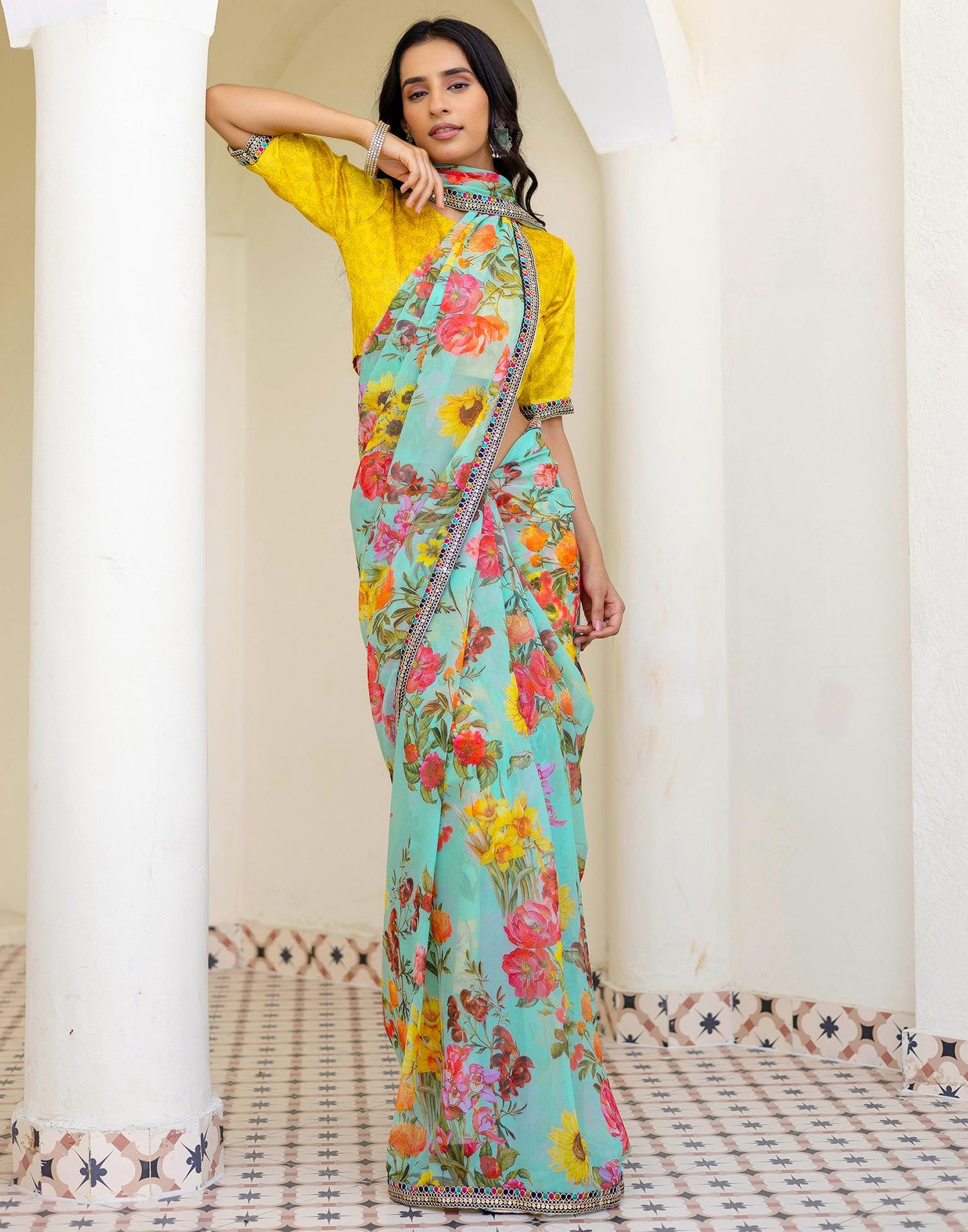 Sky Blue Georgette Floral Printed Saree