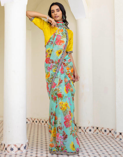 Sky Blue Georgette Floral Printed Saree