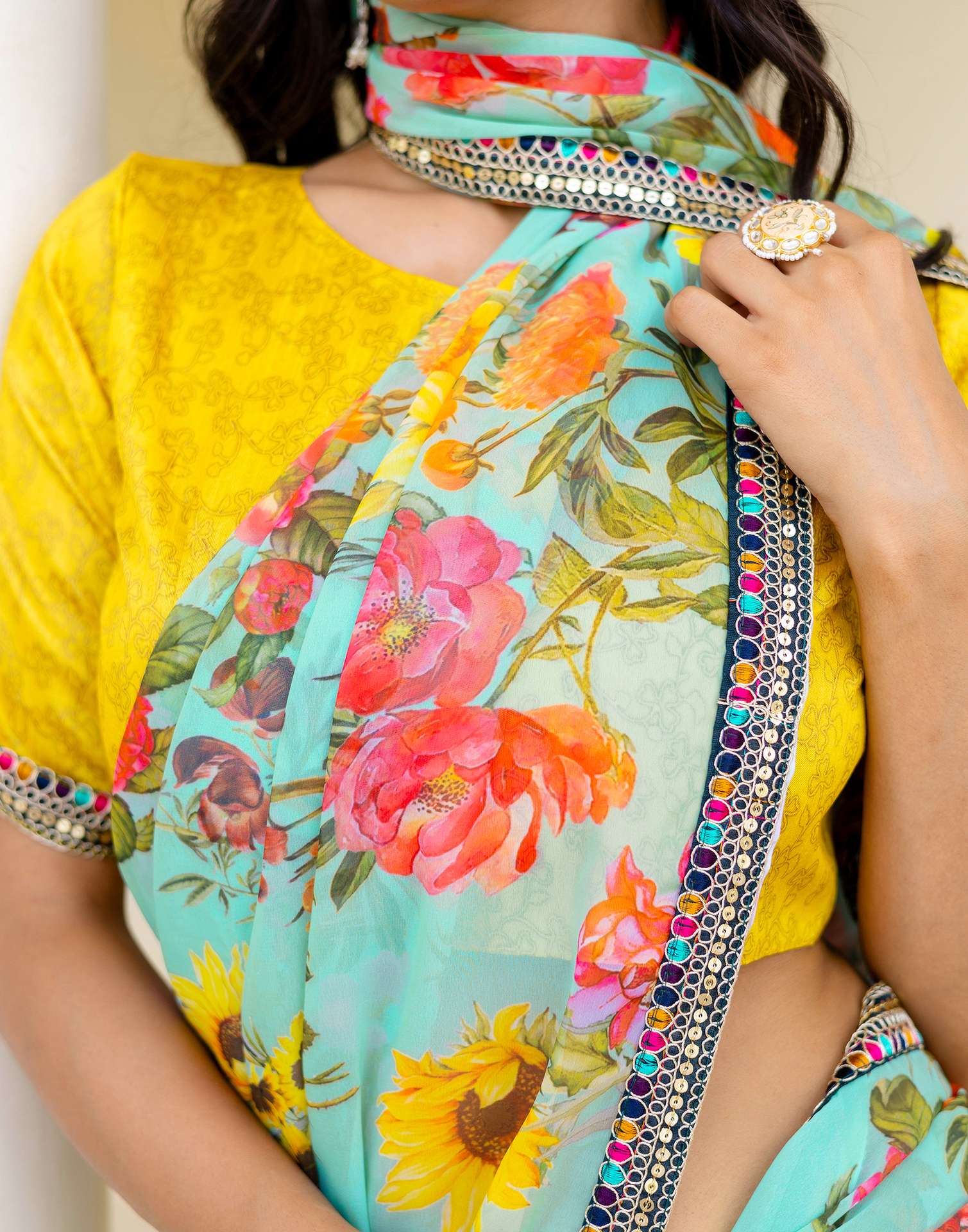 Sky Blue Georgette Floral Printed Saree
