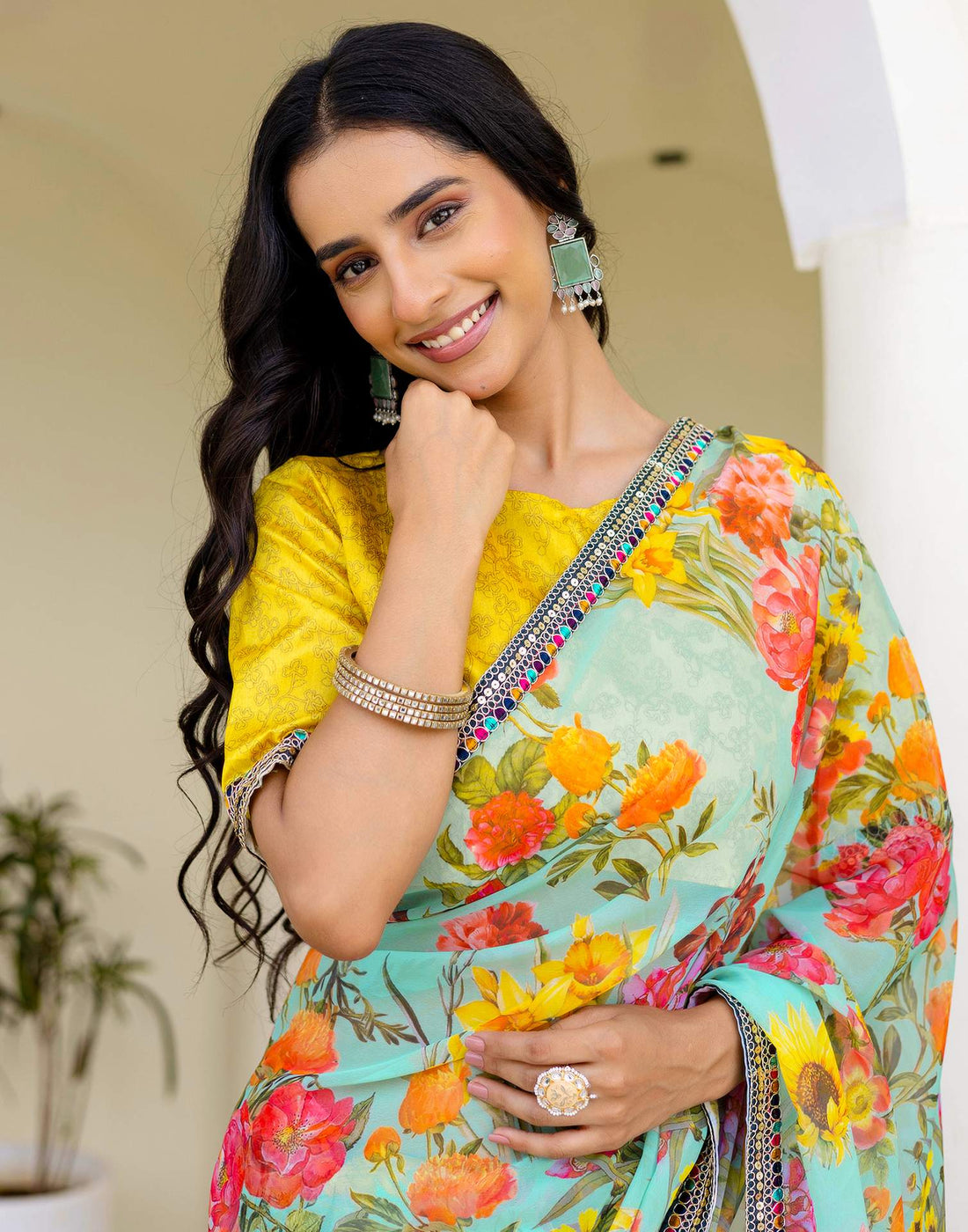Sky Blue Georgette Floral Printed Saree