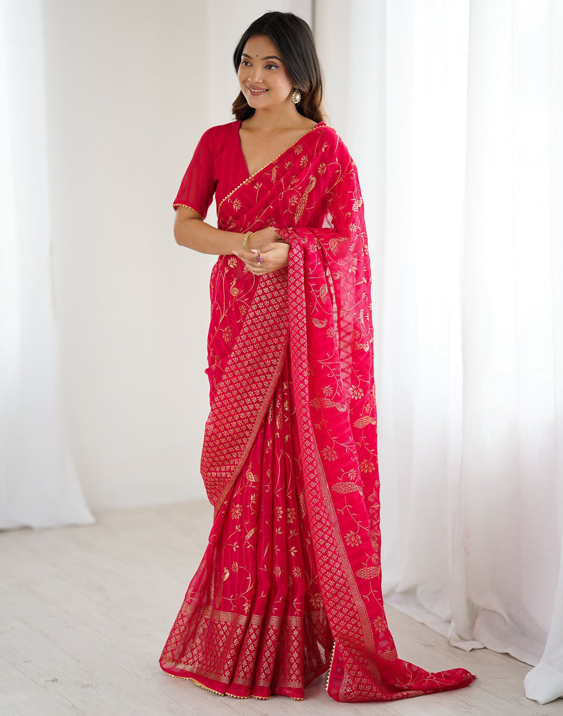 Dark Pink Georgette Foil Printed Saree