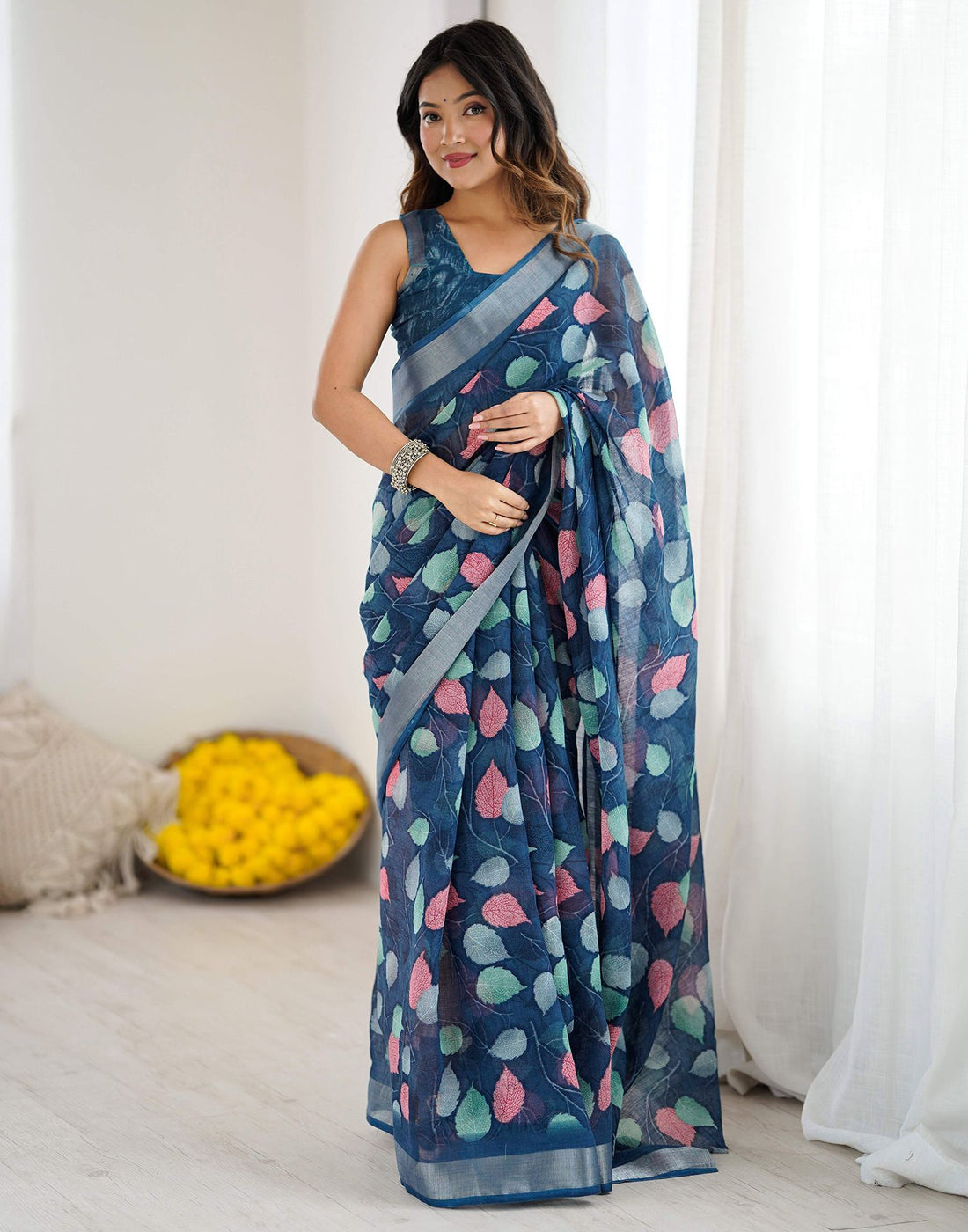 Navy Blue Linen Printed Saree