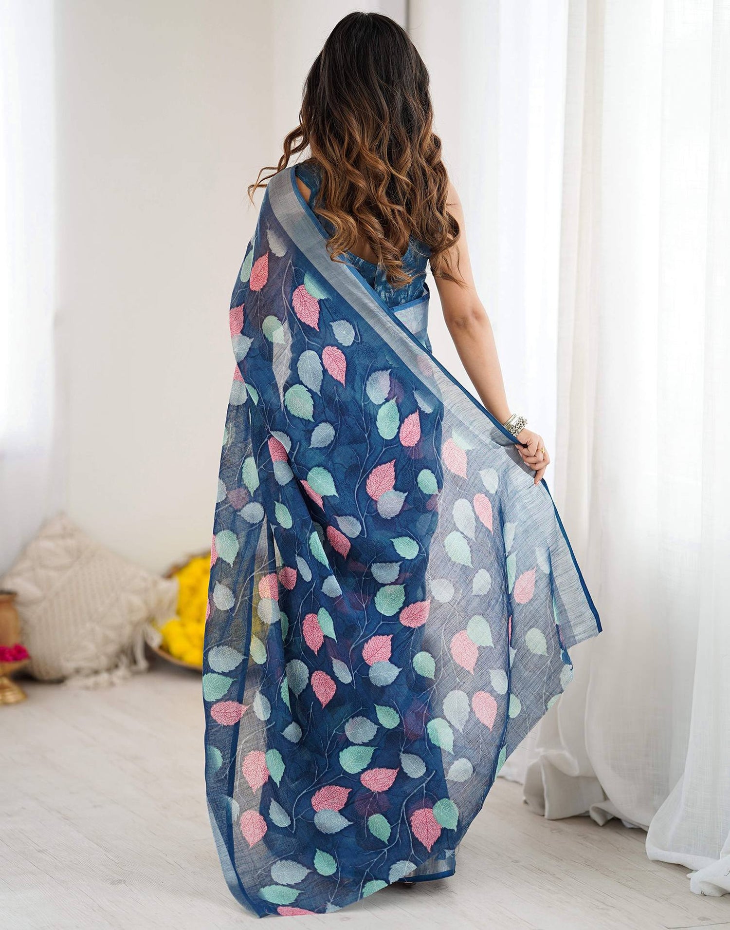 Navy Blue Linen Printed Saree