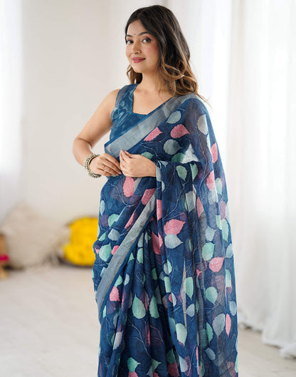 Navy Blue Linen Printed Saree
