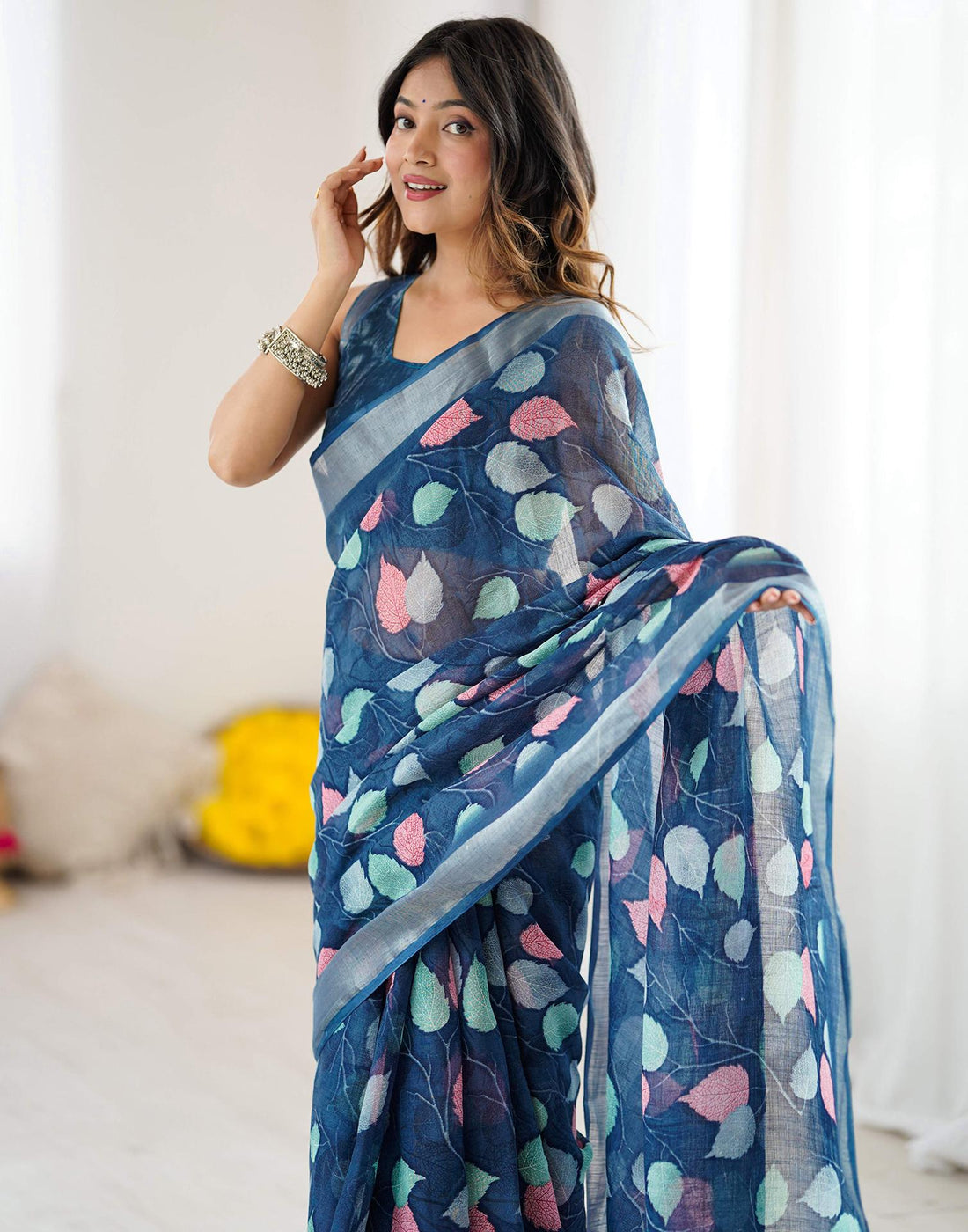 Navy Blue Linen Printed Saree