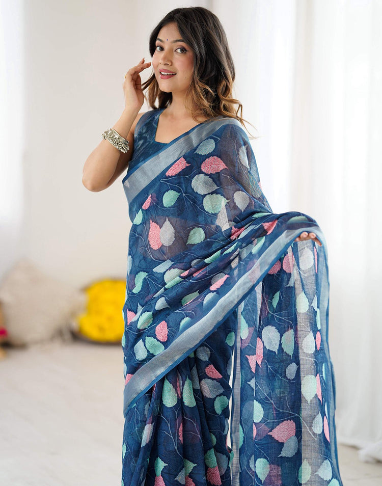 Navy Blue Linen Printed Saree