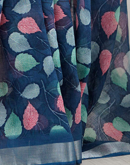 Navy Blue Linen Printed Saree