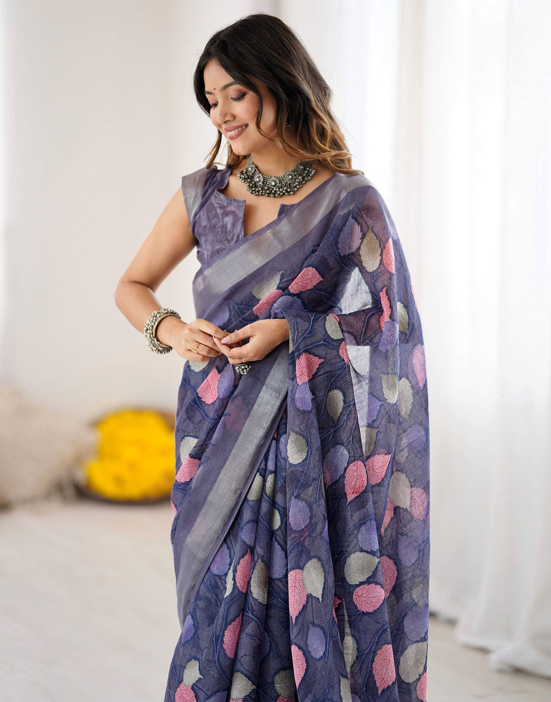 Dark Lavender Linen Printed Saree