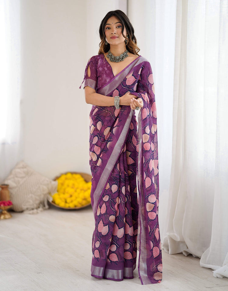 Dark Purple Linen Printed Saree