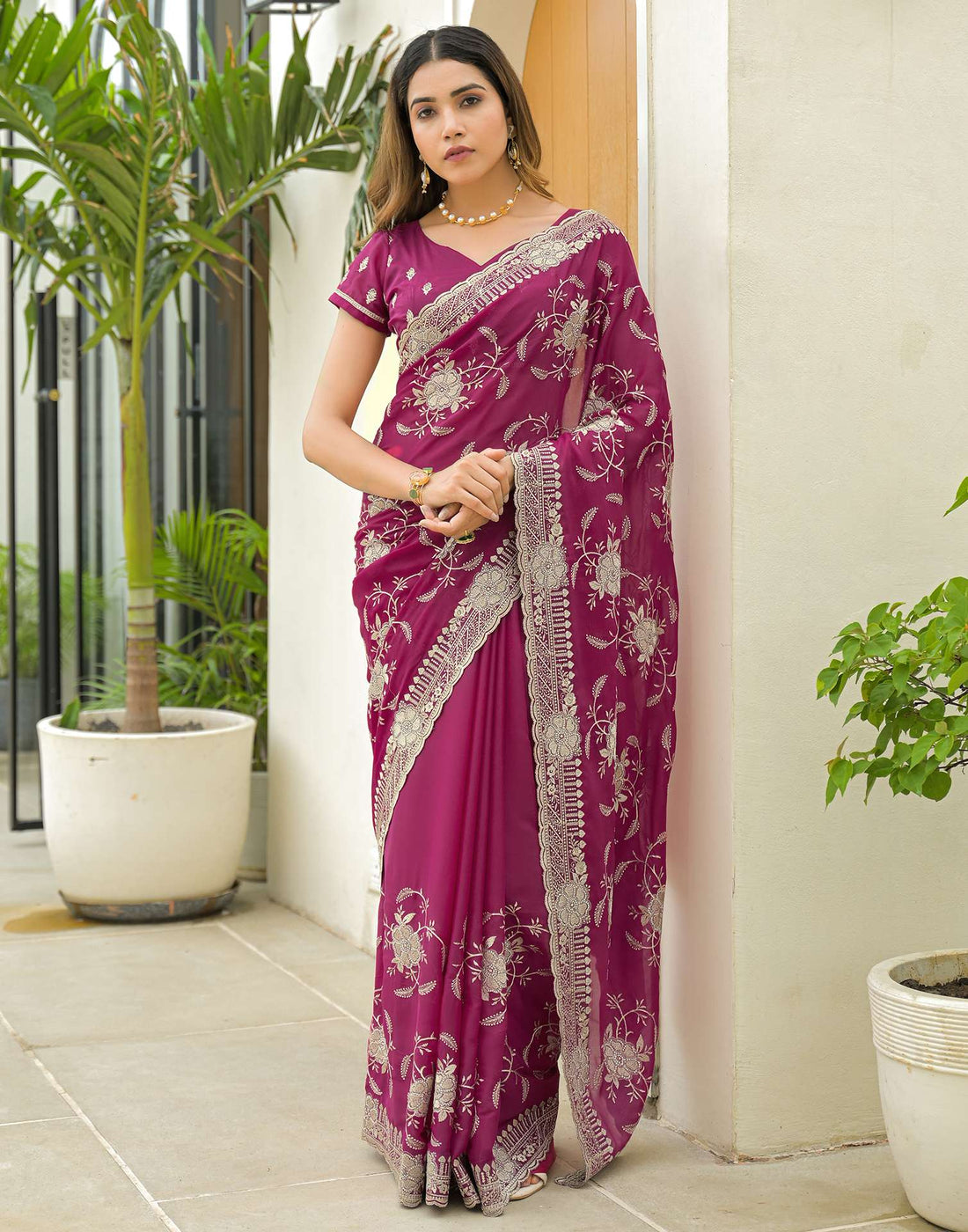 Rani Pink Georgette Embroidery Saree