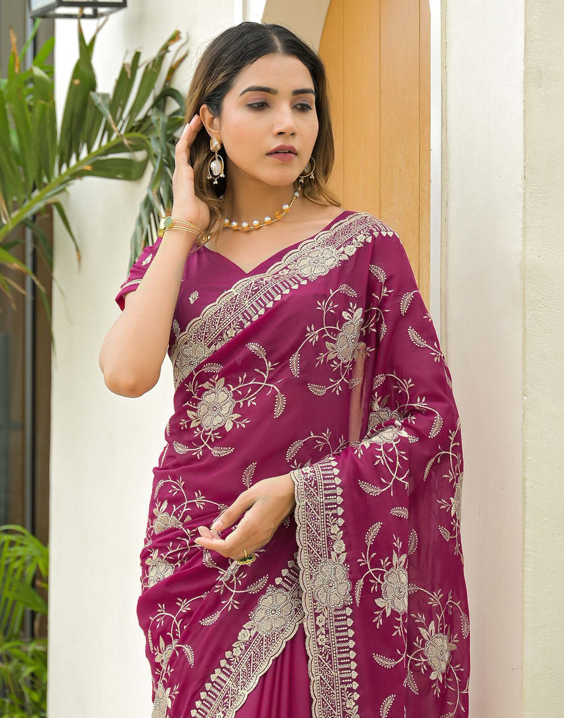 Rani Pink Georgette Embroidery Saree