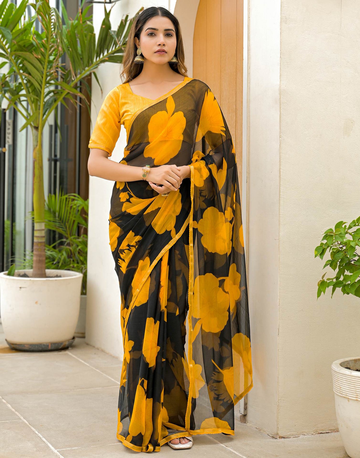 Black Chiffon Printed Saree