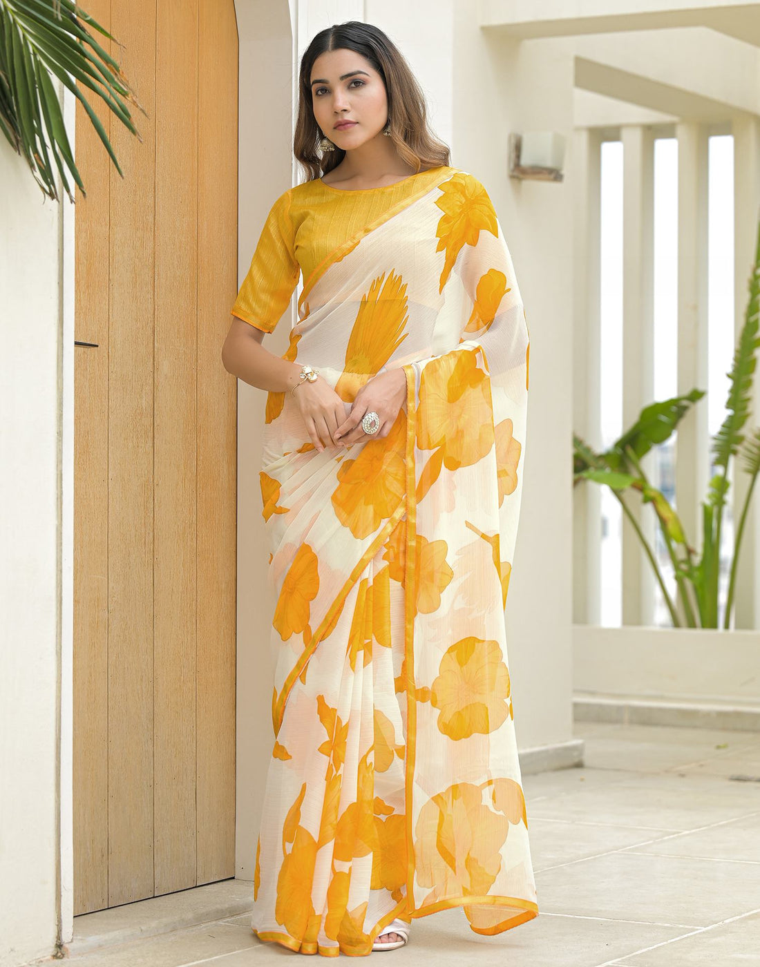 Off White Chiffon Printed Saree